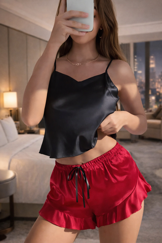 Black Top & Red Shorts Pajama Set - W051