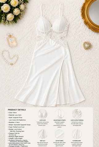White Satin Lace Lingerie Nightdress - W589
