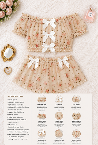 Cute Feminine Floral Tulle Lingerie Set with Satin Bows - EVE 7071