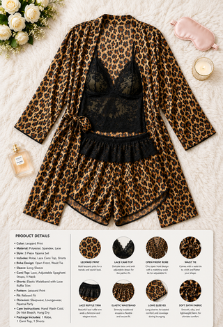 Luxury Bridal Satin & Lace Pajama Set with Leopard Robe - W393