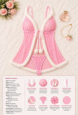Pink Polka Dot Mesh Babydoll Lingerie with Fur Trim - EVE 7072