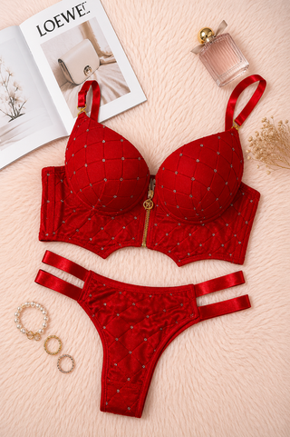 Push-Up Tulle Bra & Panty Set with Rhinestone Details - Fsn 2033