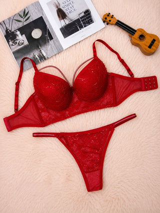 Underwire Bra & Panty Set with Sparkle Details – Red - Fsn 2072