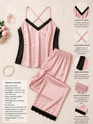 Elegant Pink Satin Lace Pajama - W634