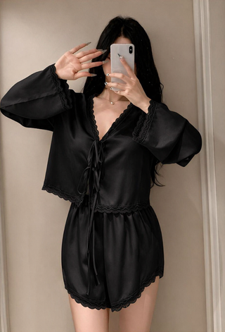 Elegant Wine Satin Pajama Set Lace Trim - W666