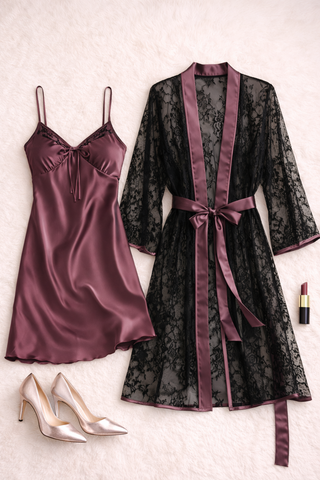 W620 Women's satin lingerie set with lace