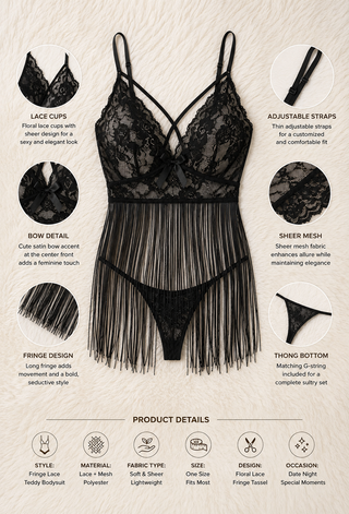 Sheer Tassel Black Lace Fringe Lingerie Set - R250