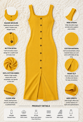 Mustard Egyptian Cotton Button Midi Dress - Femme 4046