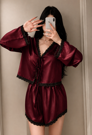 Elegant Wine Satin Pajama Set Lace Trim - W666