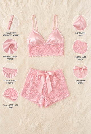Blush Satin Lace Bralette & Shorts Set - W447