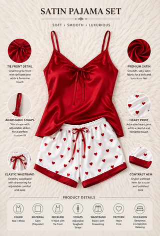 Sweetheart Satin Cami & Heart Print Shorts Set |  Romantic Sleepwear - W588