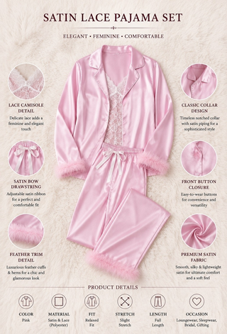 Luxury Pink Satin Pajama Set 3 Pieces with Lace Top - W673