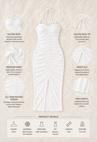 White Butter Fabric Ruched Midi Dress with Side Slit - Joly 2251