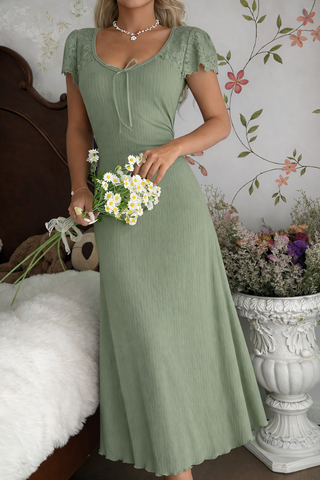 Elegant Beige Ribbed Lace Midi Dress -Simple 5190
