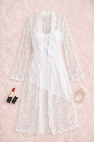 Elegant White Satin Bridal Lace Robe - W615
