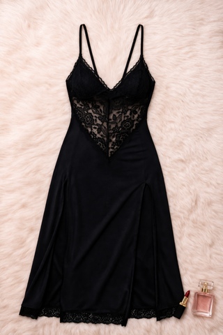 Black Long Butter Fabric Lace Lingerie - R334