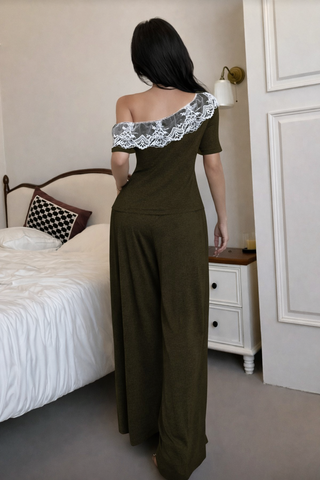 Egyptian Cotton Lounge Set Lace Shoulder Elegant - Femme 4042