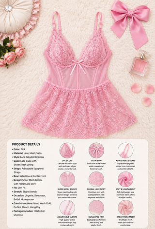 Feminine Pink Lace & Tulle Babydoll Lingerie - R421 | Mina Femme