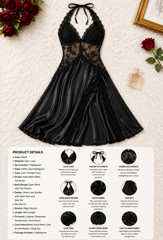 Elegant Black Satin Lace One-Piece Lingerie - W681