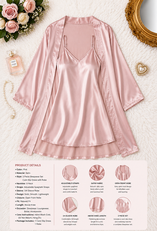 Luxury Blush Satin Robe and Nightgown Set - W454 | Mina Femme