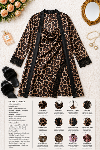 Elegant Leopard Satin Lingerie Set with Robe - W709
