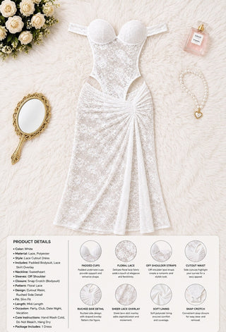Elegant White Lace Bodysuit with Skirt Set - R461