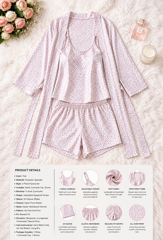 Printed 3 Pieces Satin Pajama Set with Robe - W728