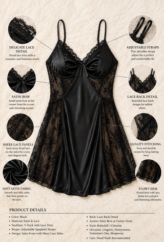 Elegant Sheer Black Satin Lace Babydoll Lingerie - W679