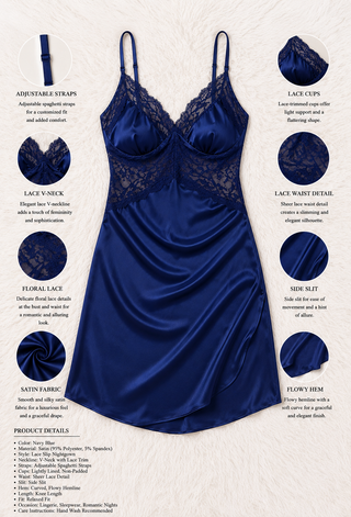 Luxury Navy Blue Satin Slip Dress with Lace - W562 | Mina Femme