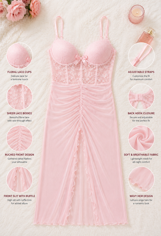 Romantic Sheer Pink Push-Up Lace Mesh Lingerie - R389