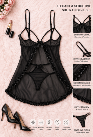 Open Front Black Sheer Tulle Lingerie Set - R246