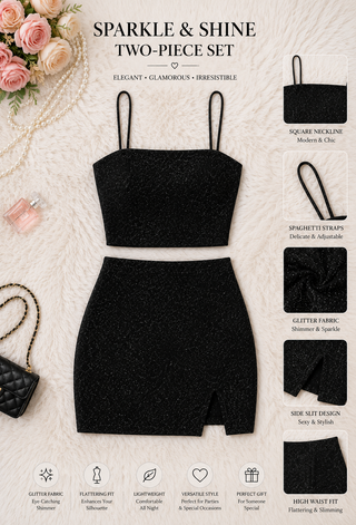 Crop Top & Mini Skirt Black Glitter Set Two Pieces - Eve-F104