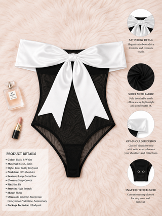 Tulle Bodysuit with Satin Bow – Off Shoulder - R434 | Mina Femme