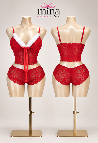 Women’s Red Lace Two-Piece Lingerie Set with White Faux Fur Trim -Ch 128