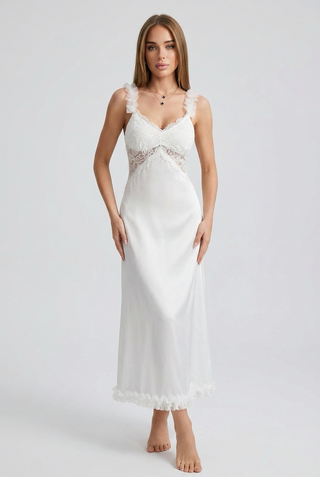Elegant White Lace Long Nightdress for Women - W464 | Mina Femme