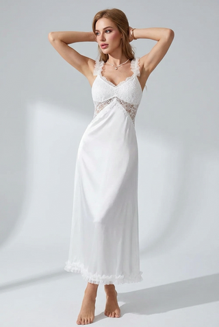Elegant White Lace Long Nightdress for Women - W464 | Mina Femme
