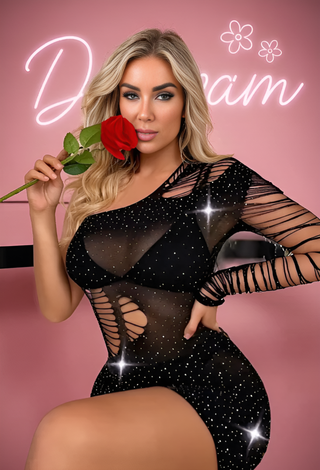 Black Rhinestone Fishnet One Shoulder Lingerie Dress - 65808