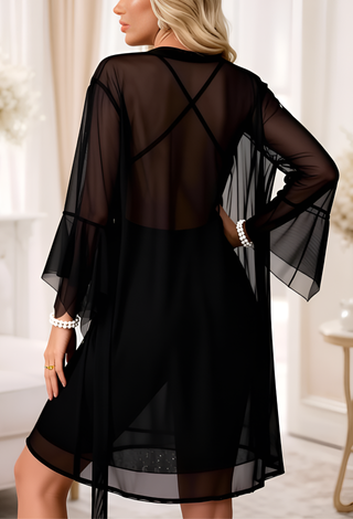 Elegant & Sheer Black Tulle Lingerie Set with Robe - R216