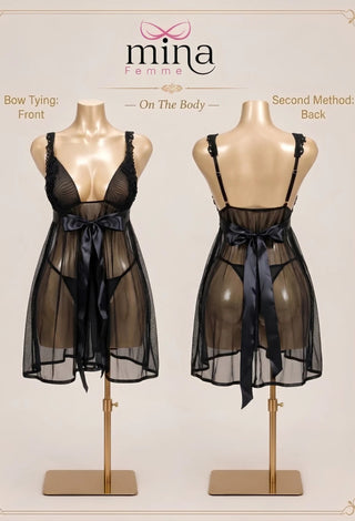 Black Sheer Tulle Lingerie Set 2 Pieces Satin Bow - Eve 6884