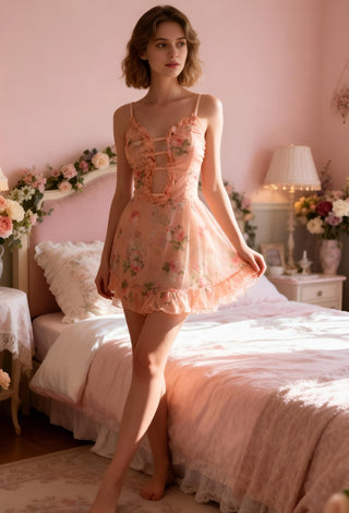 Floral Tulle Babydoll Lingerie – Soft Pink - Eve 7005