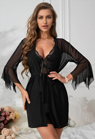 Elegant & Sheer Black Tulle Lingerie Set with Robe - R216