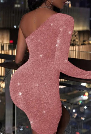 Women’s Shiny One-Shoulder Mini Dress – Long Sleeve Party Night Dress - EVE-F119 | Mina Femme