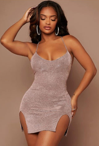 Shiny Backless Mini Party Dress – Side Slit Night Dress - EVE-F122 | Mina Femme