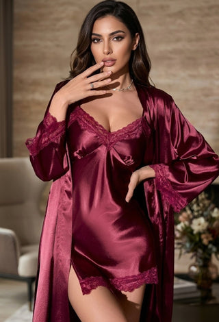 Black Satin Lace Nightdress and Robe Set for Women | Luxury Sleepwear –  W617