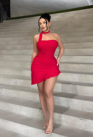 Red Mini Dress Soft Butter Fabric with Chic Neck Detail - Joly 2352