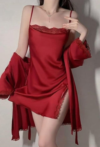 Midnight Grace Satin Slip & Robe Women's satin lingerie set with lace-W717