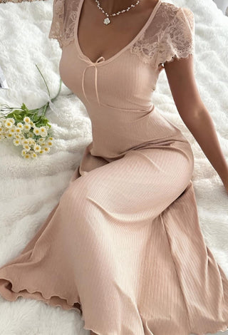 Elegant Beige Ribbed Lace Midi Dress -Simple 5190
