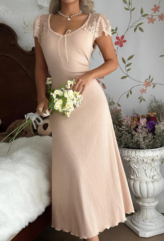 Elegant Beige Ribbed Lace Midi Dress -Simple 5190