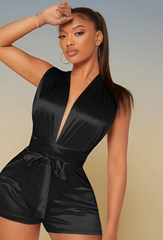Elegant Black Satin Sleeveless Romper - W591
