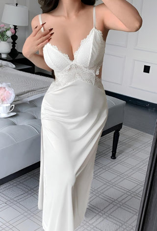 White Satin Lace Lingerie Nightdress - W589